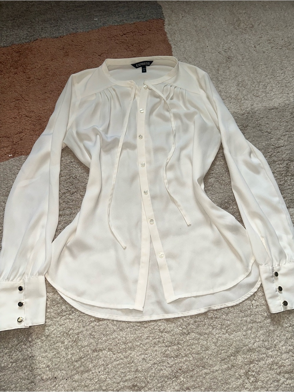 Express Women's Ivory Button-Front Tie-Neck Blouse